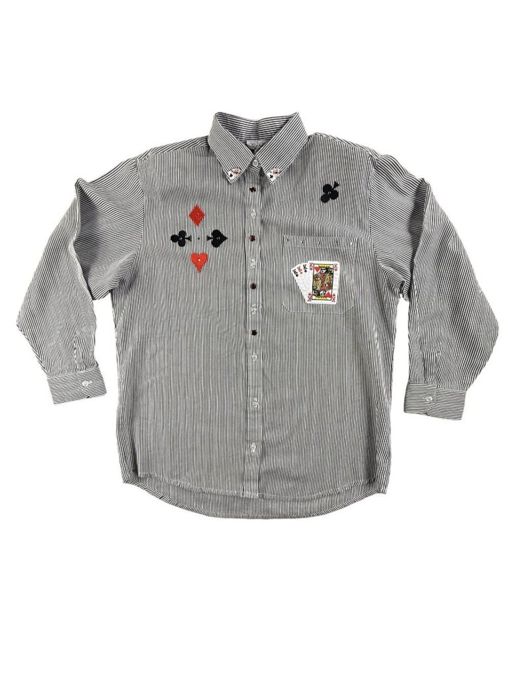 Vintage Get Lucky Shirt Womens Large Black Stripe Embroidered Playing Cards 90s